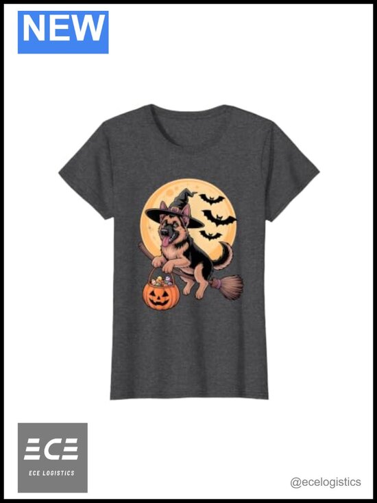 Tops - German Shepherd Witch Hat Pumpkin Halloween Costume T-Shirt